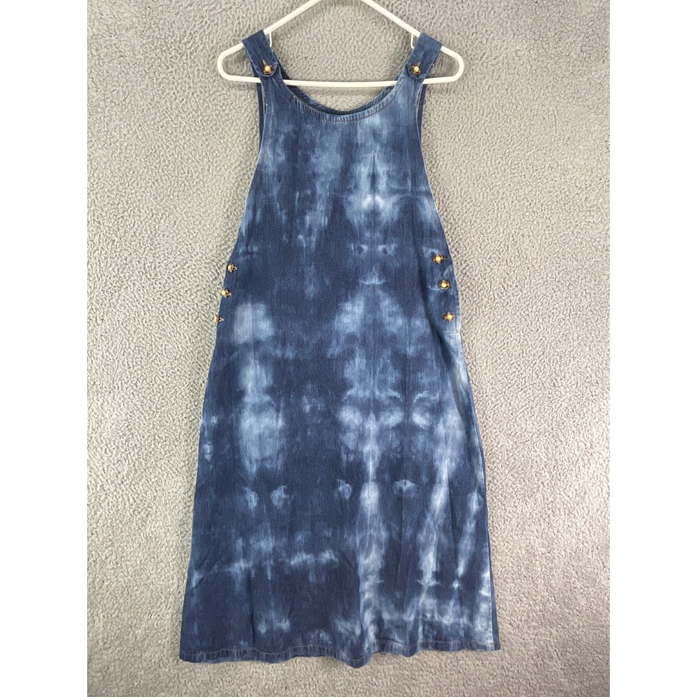 Vintage Denim Pinafore Dress Womens M Blue Tie Dye Jumper Side Button Boho Midi